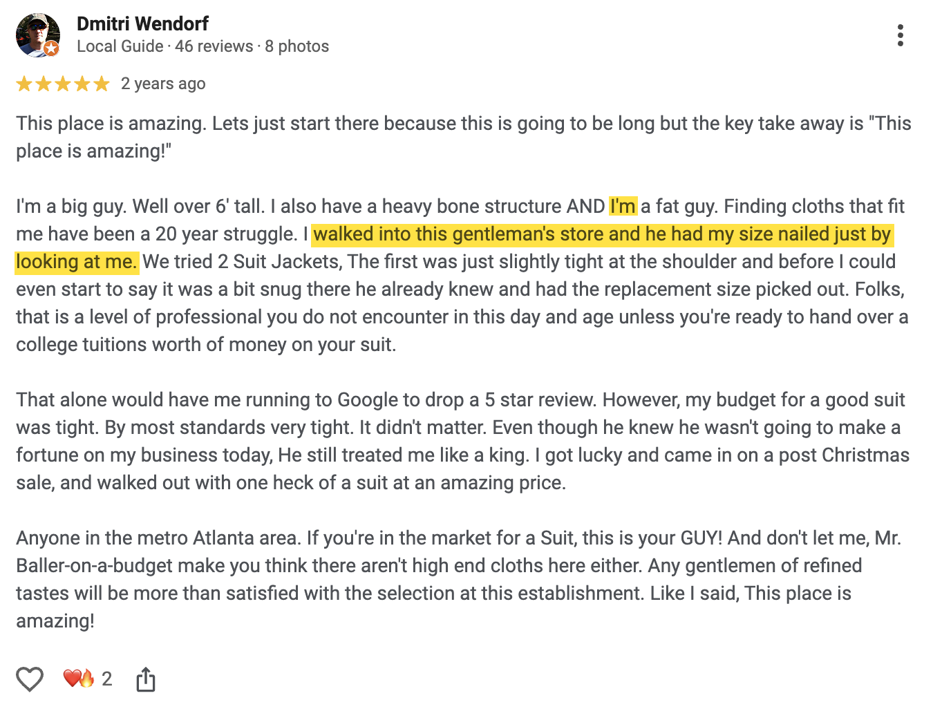 5-star Google review screenshot from Dmitri Wendorf