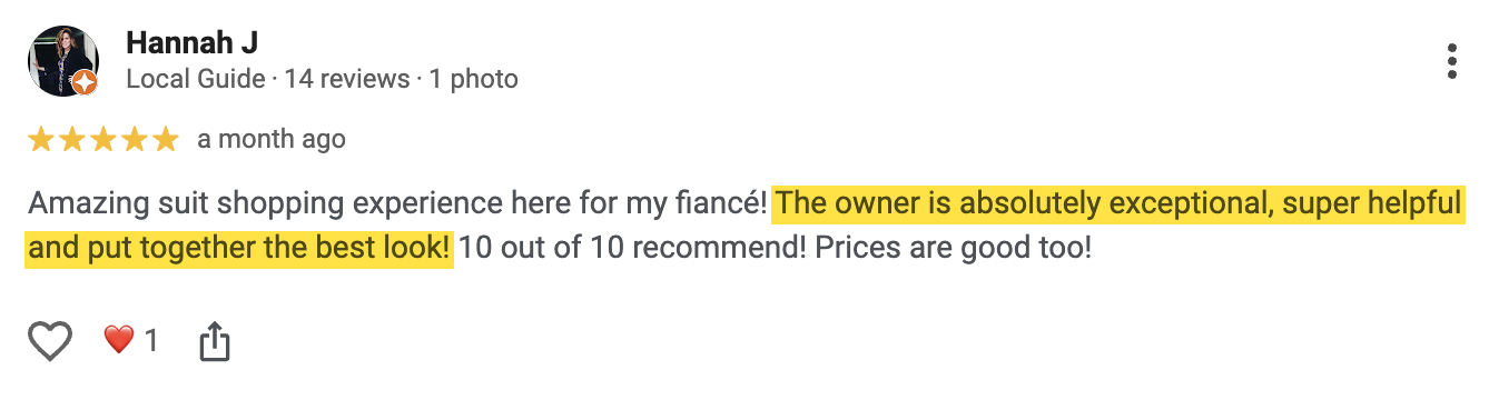 5-star Google review screenshot from Hannah J