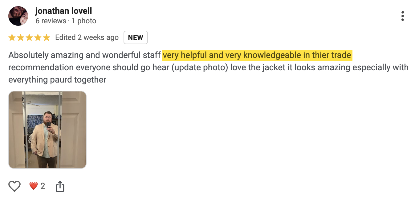 5-star Google review screenshot from Jonathan Lovell