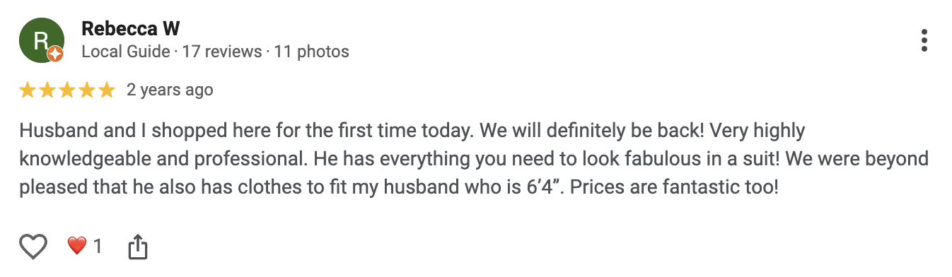 5-star Google review screenshot from Rebecca W.